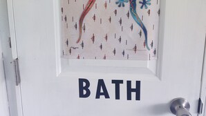 A bathroom door with a gecko-themed wallpaper and the word "BATH" below it.