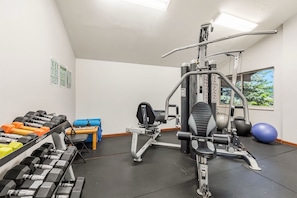 A gym with exercise equipment, dumbbells, and a blue exercise ball.