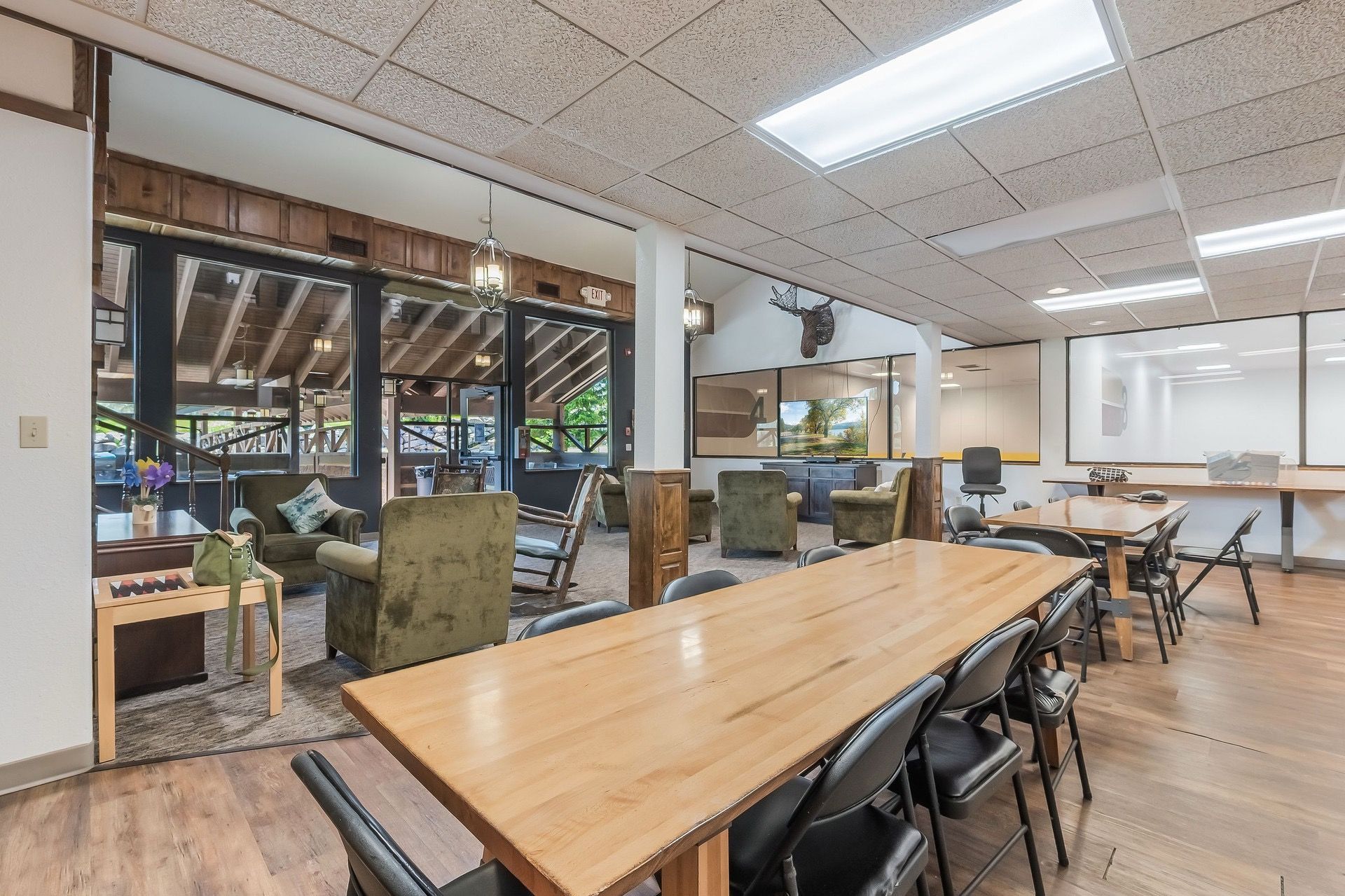A conference room with a long table, multiple chairs, a television, and a mounted deer head.
