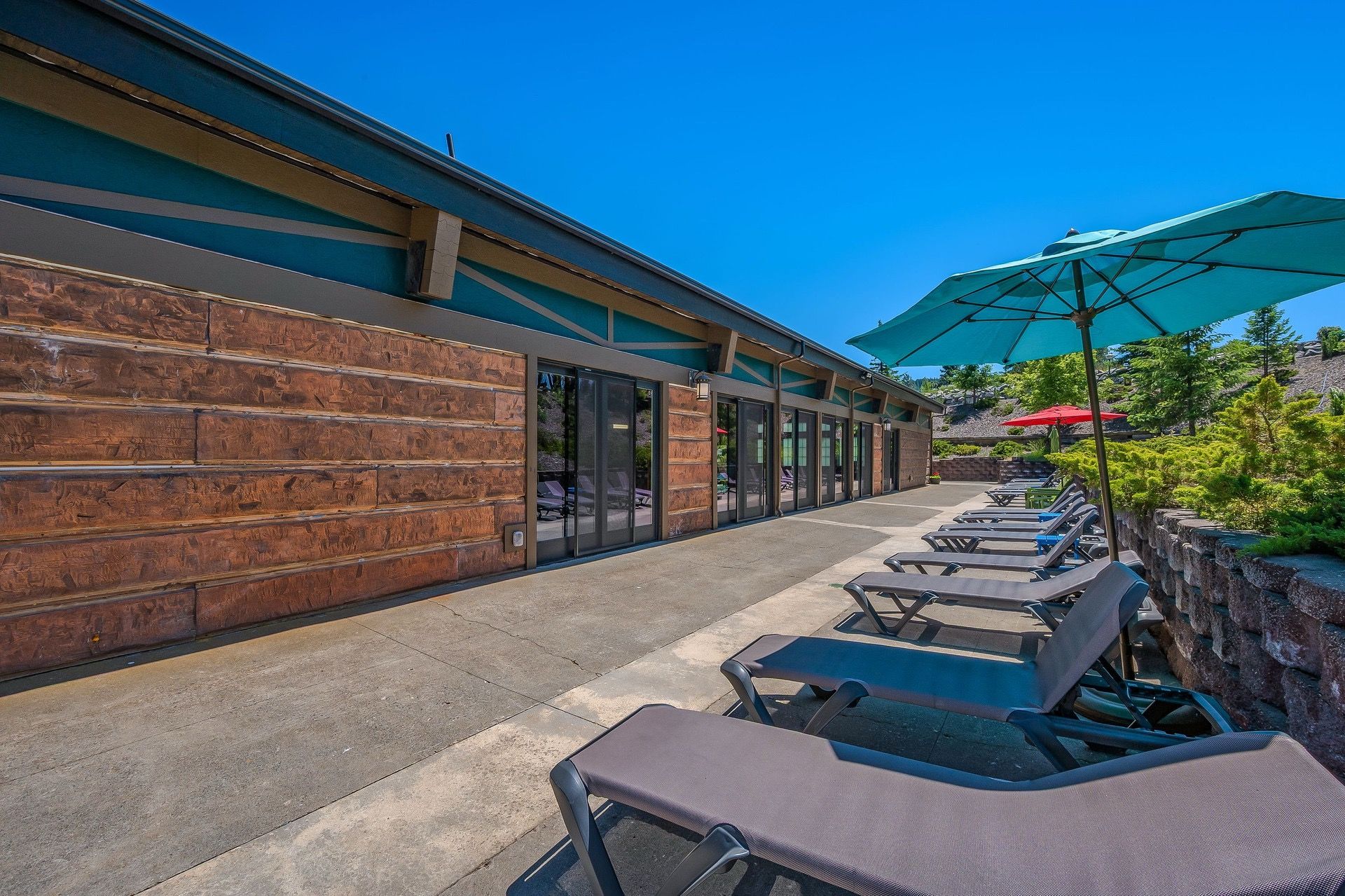 A covered outdoor seating area with lounge chairs and umbrellas, adjacent to a building with a brick facade and large windows.