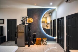 Fridge, microwave, stovetop, coffee/tea maker
