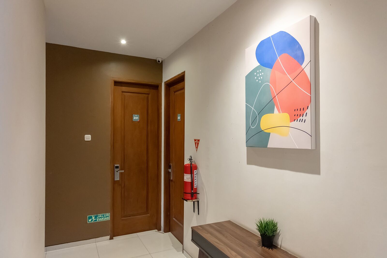 A hallway with two wooden doors, a fire extinguisher, and a wall-mounted abstract art piece.