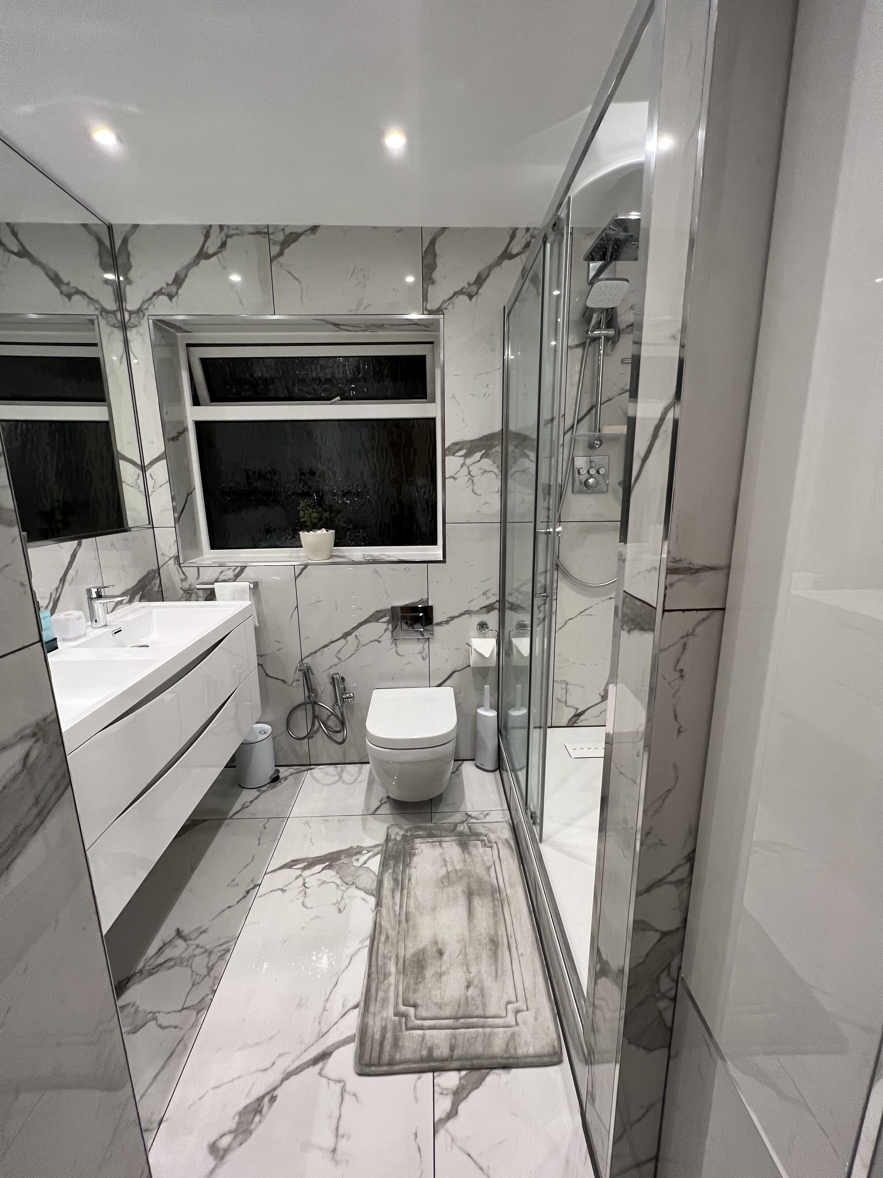 Hair dryer, bidet, towels, soap