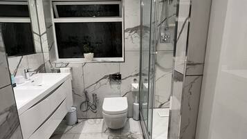 Hair dryer, bidet, towels, soap