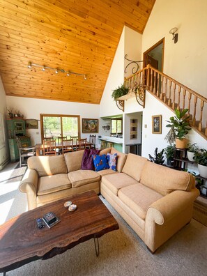 Smart TV, fireplace, books, offices