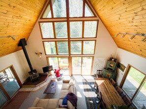 Smart TV, fireplace, books, offices