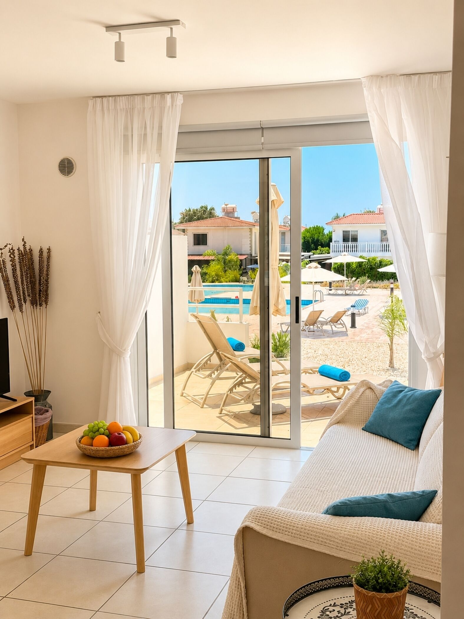A modern living room with a sofa, a table with fruit, and a view of a pool and outdoor seating.