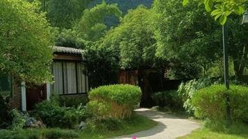 A garden pathway leading to a traditional building with a tiled roof, surrounded by lush greenery and a mountainous backdrop.