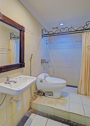 Une salle de bain avec un lavabo, des toilettes et une douche.