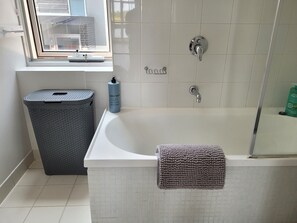 Hair dryer, towels, soap, shampoo