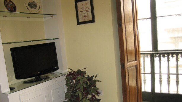 Una sala de estar con un televisor de pantalla plana sobre una repisa de vidrio, una planta en maceta y una puerta de madera que da a un balcón.