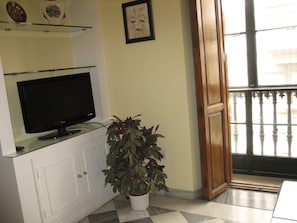 Un salon avec un téléviseur à écran plat posé sur une étagère en verre, une plante en pot et une porte en bois donnant sur un balcon.