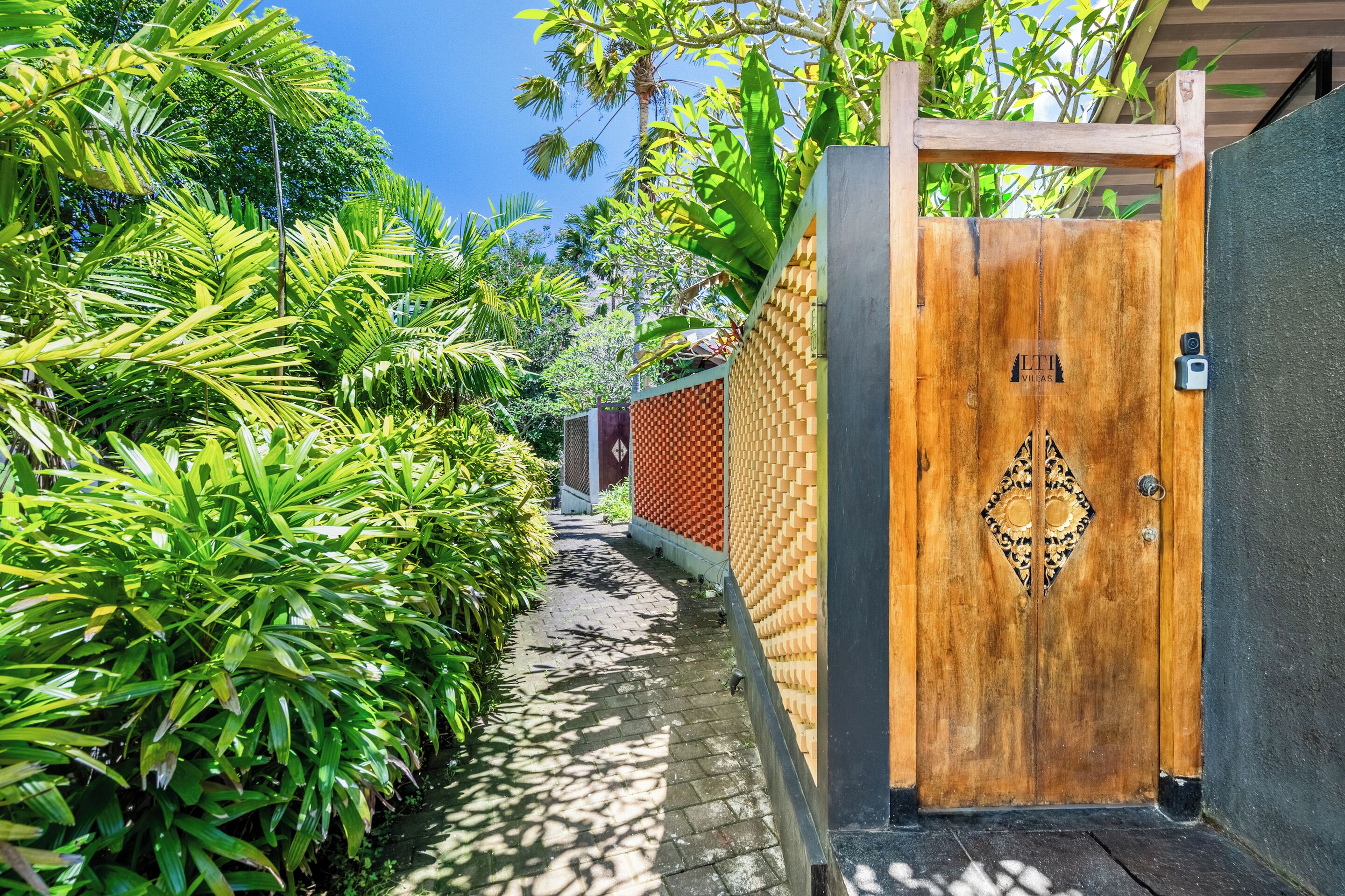 A wooden door with a geometric design, a paved pathway, and lush green foliage.