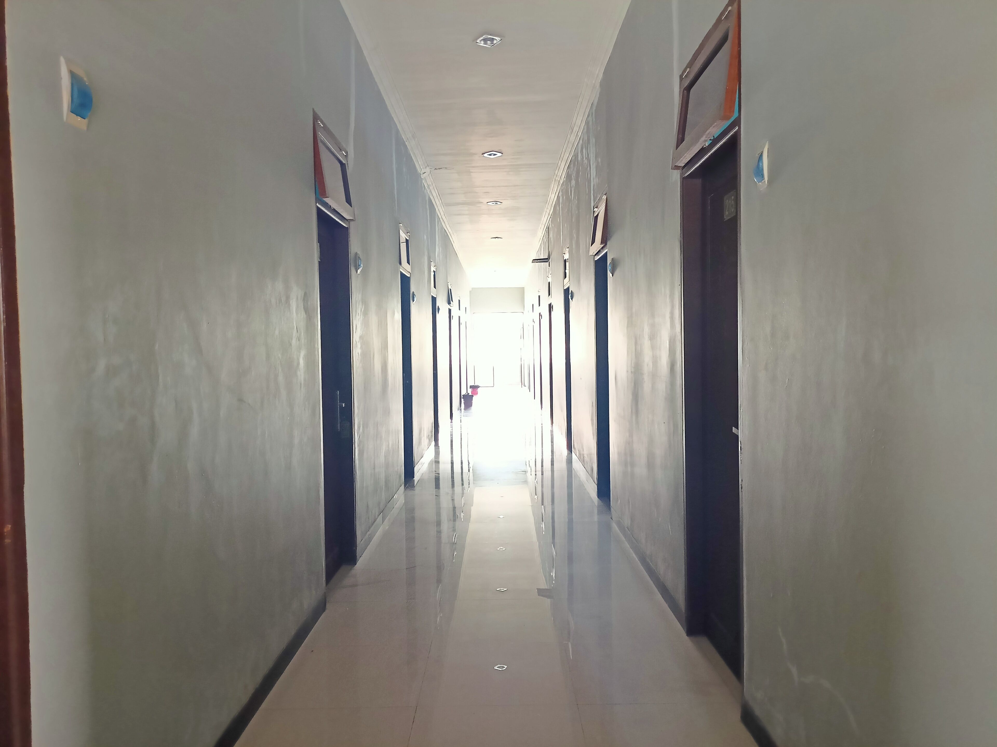A long, narrow hallway with doors on both sides, leading to rooms.