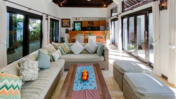 Villa, 3 Bedrooms, Private Pool | Living area | 32-inch LED TV with cable channels, TV