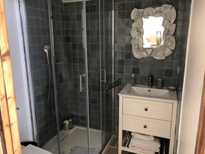 Hair dryer, towels, soap, shampoo