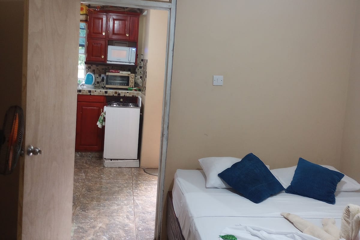 A bedroom with a bed, pillows, and a nightstand. There is a kitchenette in the background with a microwave and a refrigerator.