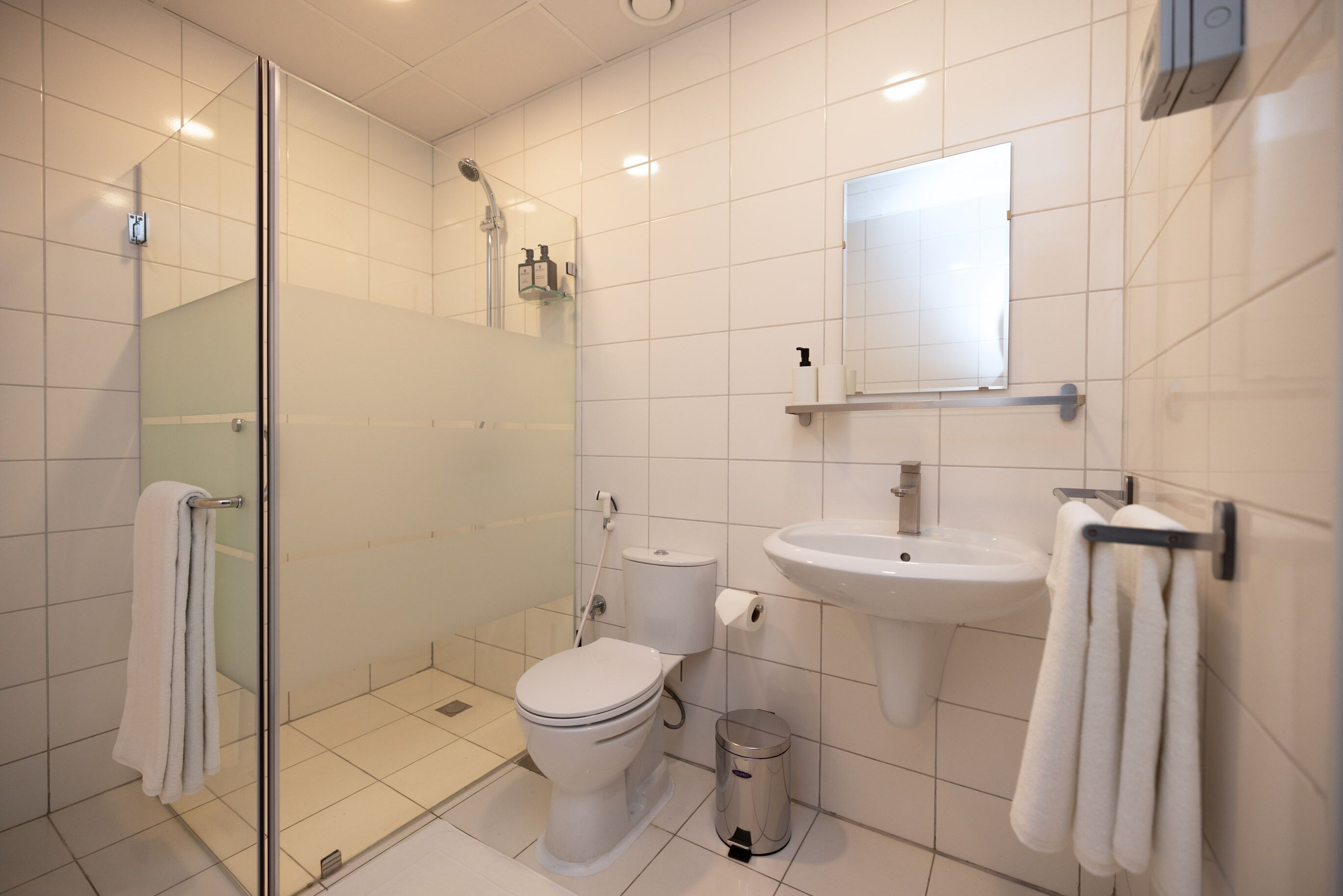 Shower, rainfall showerhead, free toiletries, hair dryer