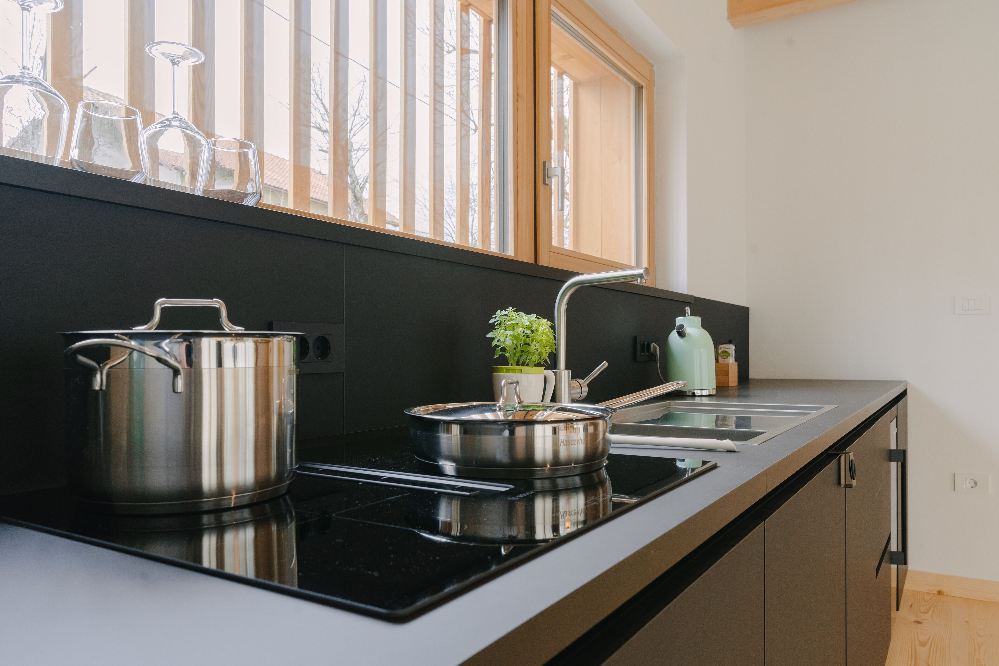 Una cocina moderna con encimera negra, ollas de acero inoxidable, un hervidor y una planta en maceta.