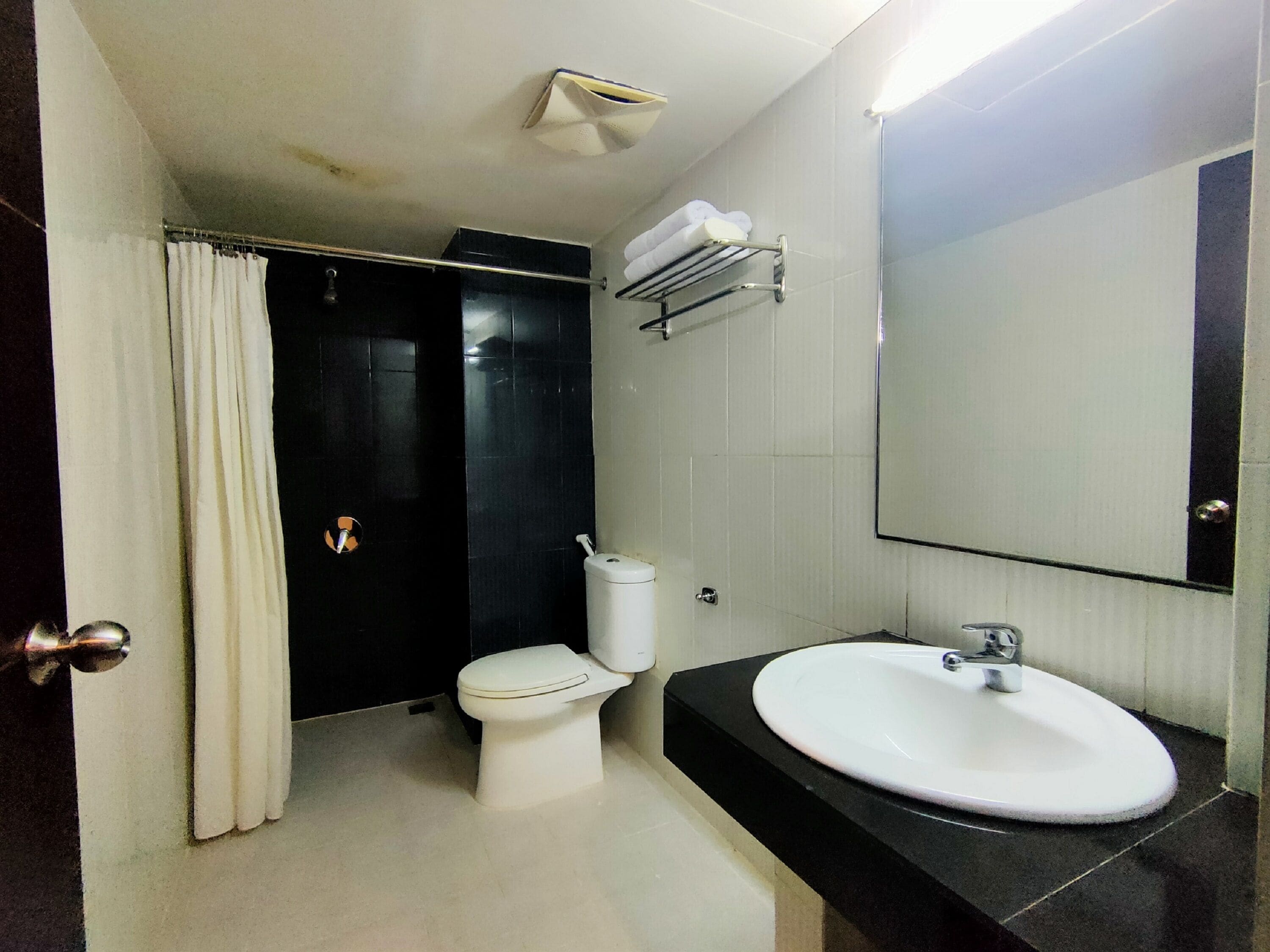 Une salle de bain avec des toilettes, un lavabo et une douche.