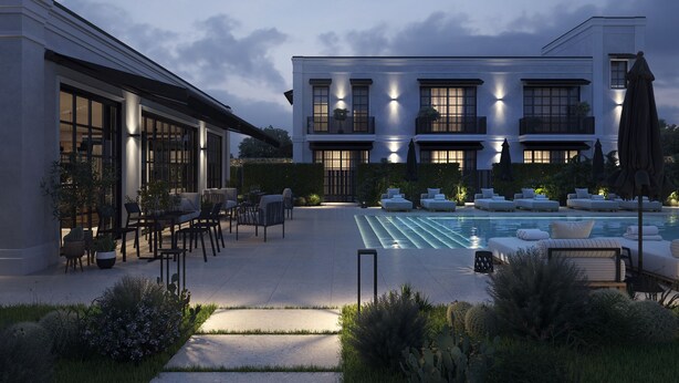 A modern building with a pool, outdoor seating, and a well-maintained garden. - Salento Winery Lodge - Your Wellness Oasis in Salento (San Pietro In Bevagna)