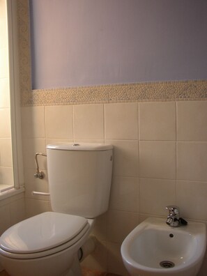 Bathroom features a toilet and bidet with a decorative tile border.