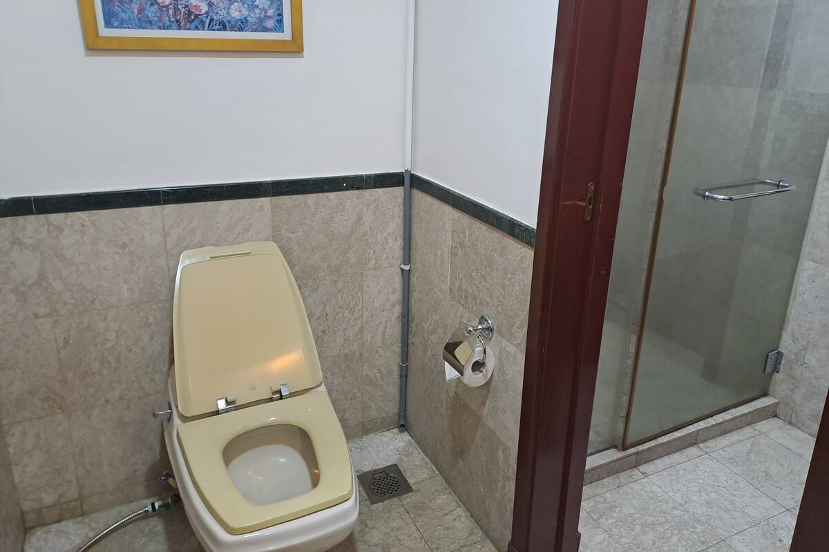 A bathroom with a toilet, a shower, and a glass door.