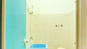 Et lille badeværelse med toilet, blå skraldespand og brusebad.