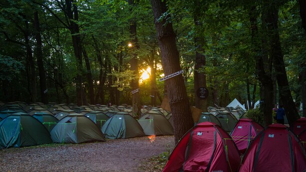 A forest campsite with multiple tents arranged in rows, surrounded by trees. - Munich Central Camping (Munich)