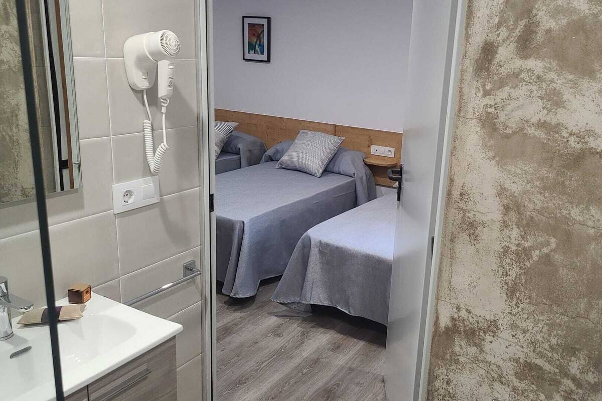 Habitación de hotel con dos camas individuales, baño con lavamanos y secador de pelo, y cabecero de madera.