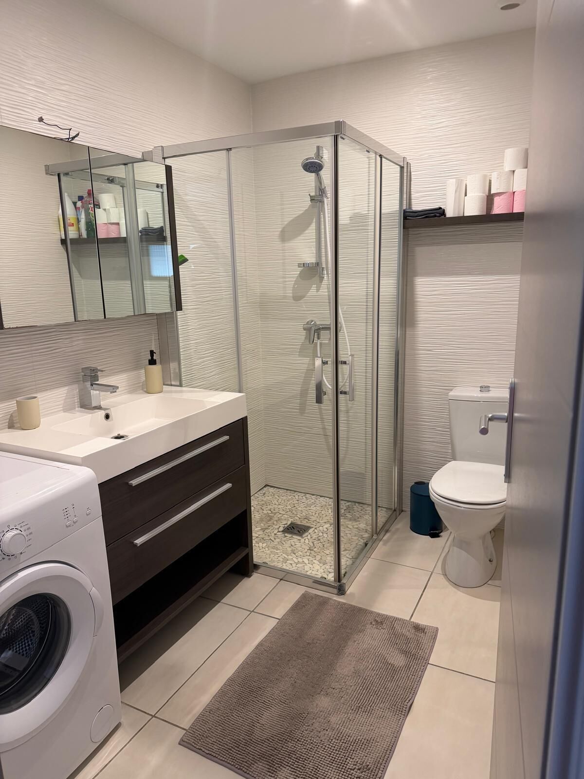 Regadera, toallas, papel de baño 