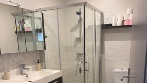 Shower, towels, toilet paper