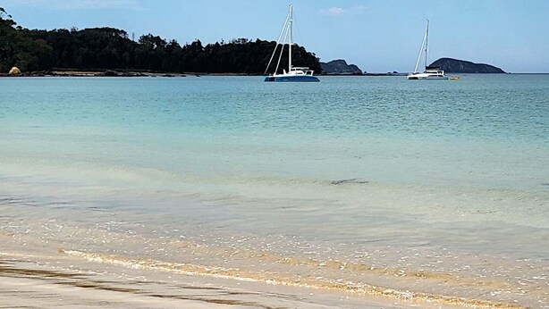 Ein Strand mit ruhigem Wasser, zwei Segelbooten und einer bewaldeten Insel im Hintergrund.