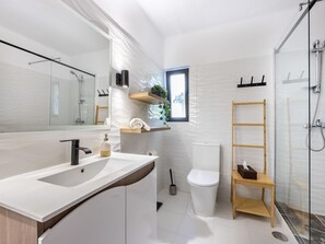 Shower, hair dryer, towels