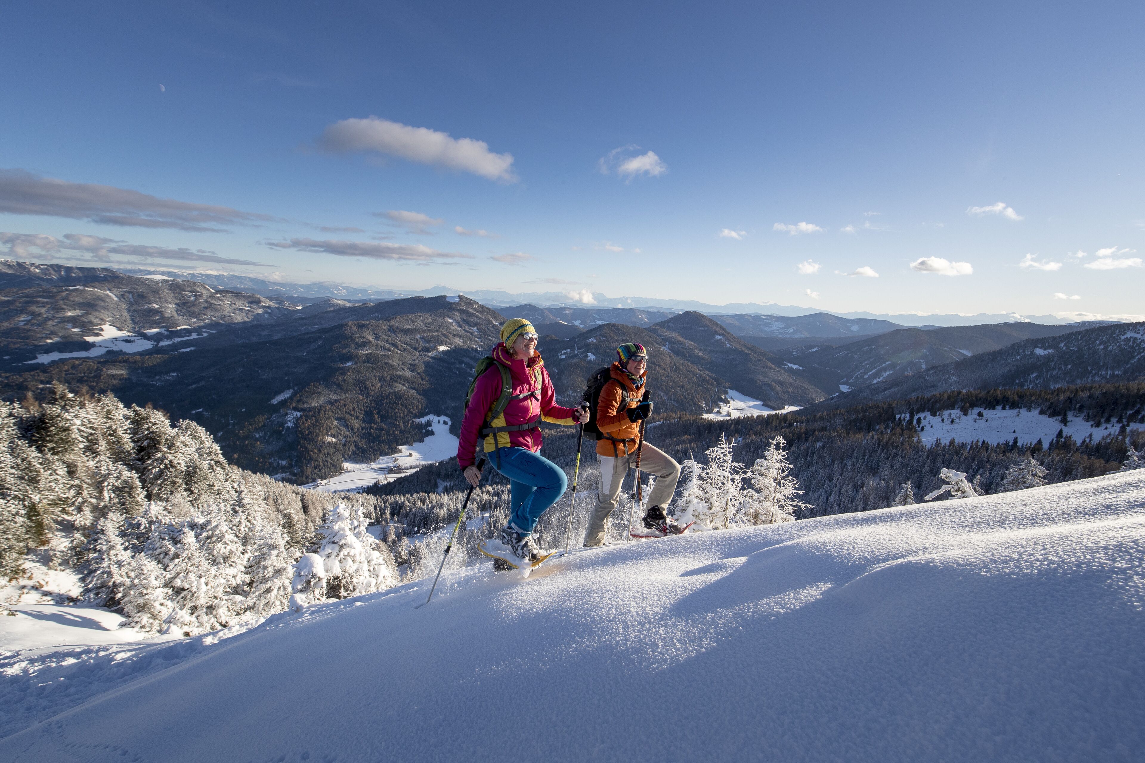 Two skiers on a snowy mountain slope with a panoramic view of snow-covered mountains and trees.