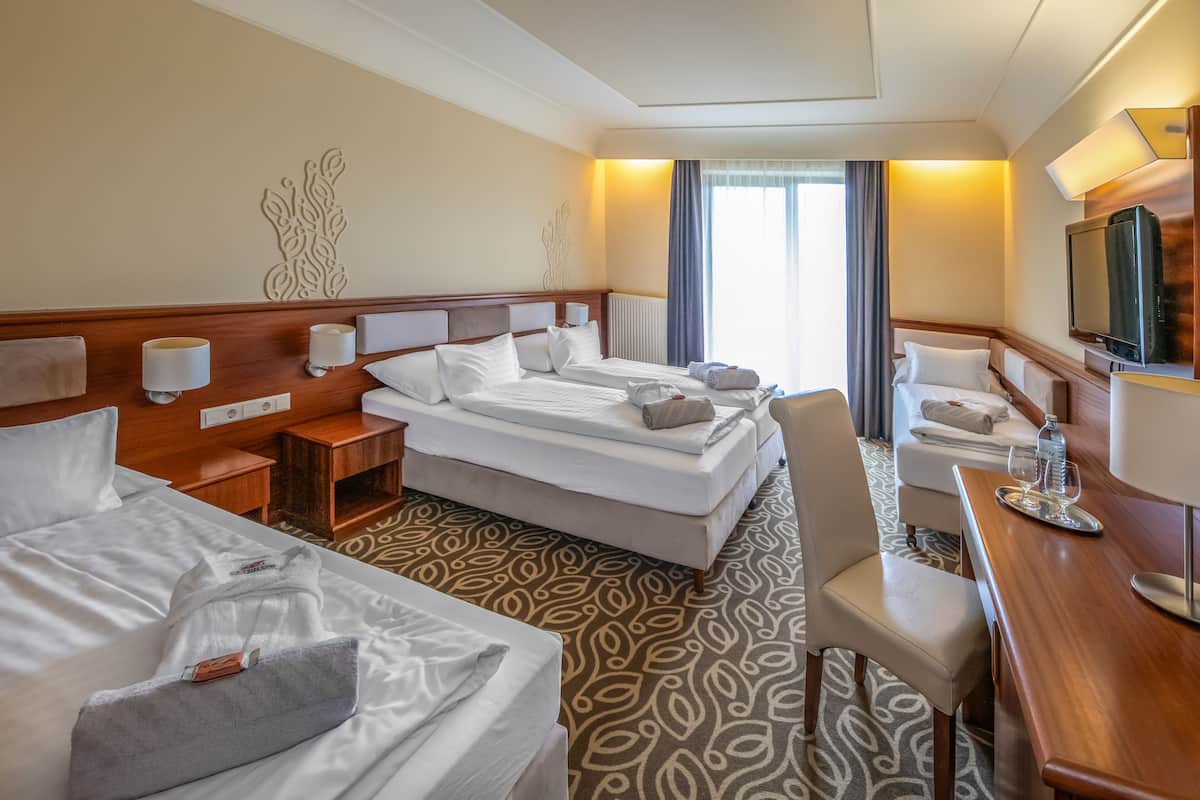 A hotel room with two beds, a desk, a chair, a TV, and a decorative wall piece.