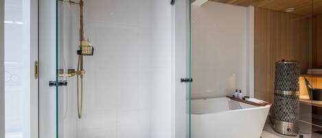 Eco-friendly toiletries, hair dryer, towels, soap