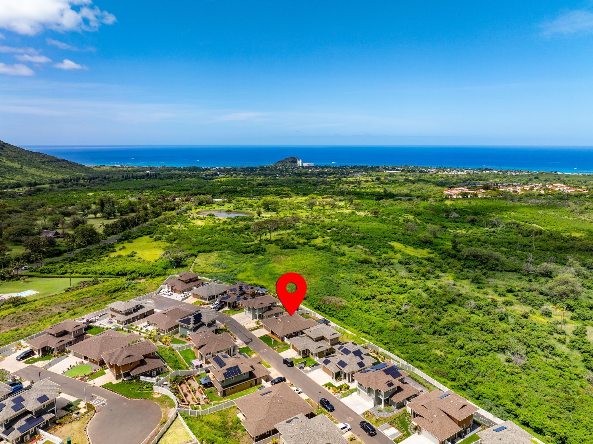 A residential area with houses, a road, and a view of the ocean.