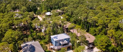 An aerial view of a residential area with dense greenery, a large house with a blue roof, and a dock extending into a body of water.