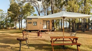 Una cabaña rústica de madera con mesa de picnic y una parrilla en un área verde con árboles.