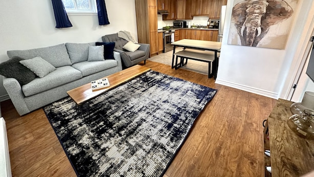 A modern living room with a grey sofa, a coffee table, and a patterned rug. - The Extravagant Minimalist (Gatineau)