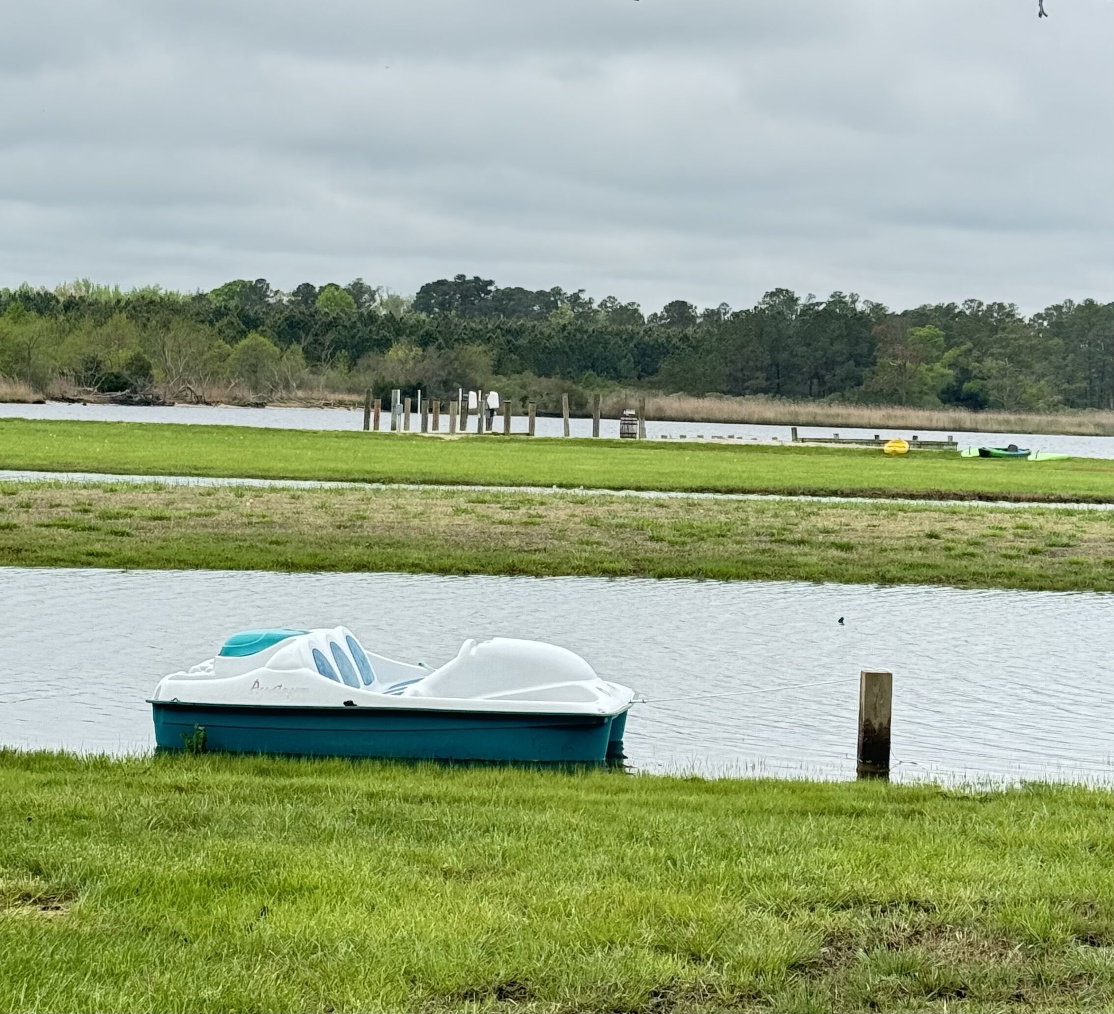 Ein Boot liegt in ruhigem Wasser vor einer Uferböschung mit Grasbewuchs und einem bewaldeten Hintergrund.