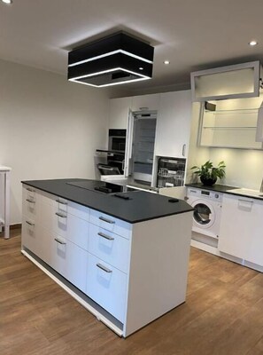 Frigorífico, microondas, horno y placa de cocina