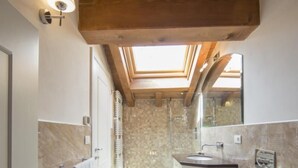 A modern bathroom with a skylight, a shower, a toilet, and a bidet.