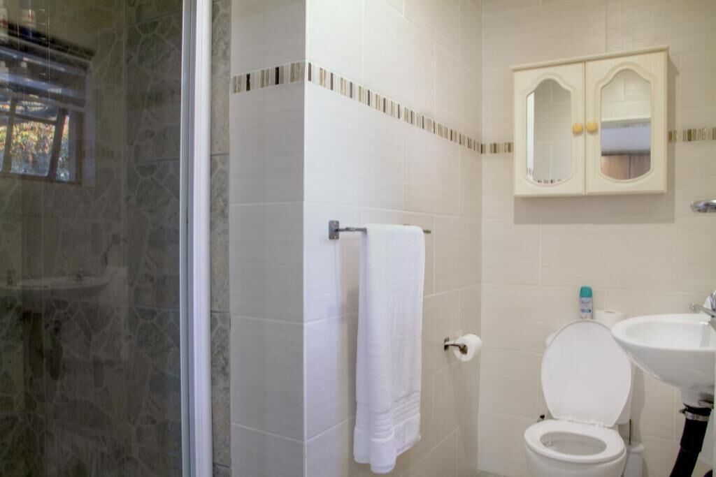 A bathroom with a shower, toilet, sink, and a mirror cabinet.