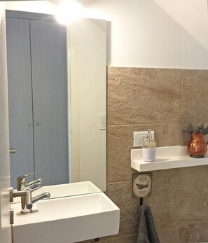 Bathroom features a sink, mirror, and towel rack, with a potted plant and decorative item on a shelf.
