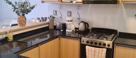 Fridge, microwave, oven, stovetop