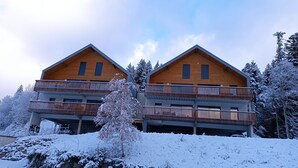 A two-story wooden chalet with balconies, surrounded by snow-covered trees.