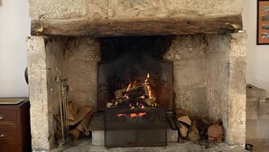Ein Kamin aus Stein mit einer Hufbeschlag-Dekoration darüber, einem Metallgitter und einem Feuer darin.