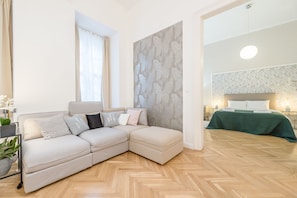 2 bedrooms, premium bedding, desk, laptop workspace